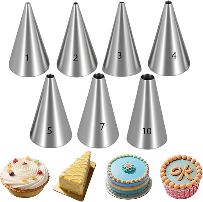 7 Pcs Round Hole Piping Tips Set, Stainless Steel Icing Tips for Cake Decorating, Cupcake Nozzles, Cake Decorating Tools & Supplies, Cake Piping Kit, Pastry Icing Dispensers, Cream Bag Filler,