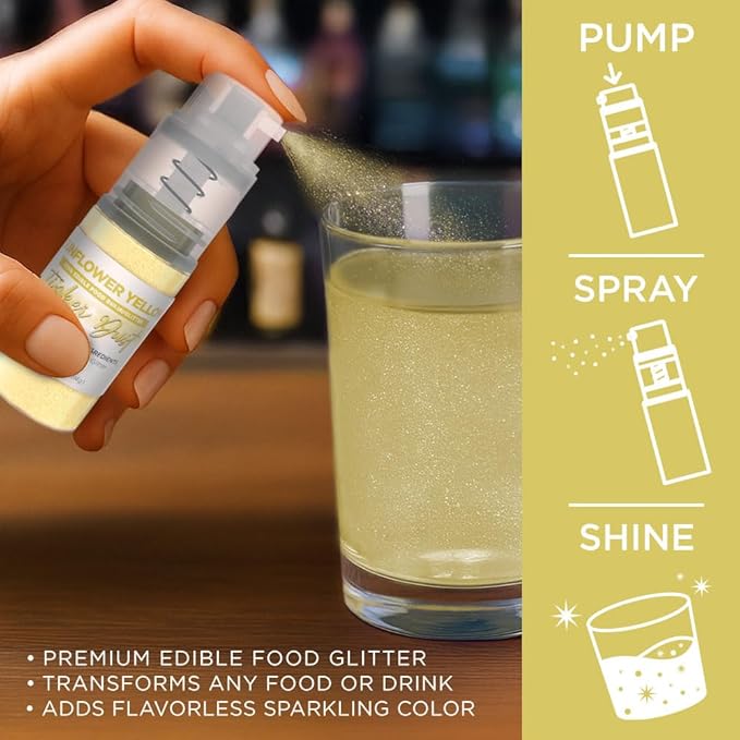 Bakell - Sunflower Yellow Tinker Dust (4g, 1x Mini Spray Pump) Edible Glitter for Food, Desserts, and Beverages!