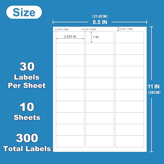 1" x 2-5/8" Blank Labels Address Mailing Shipping Address Labels, Laser/Inkjet Label Printer White Blank Mailing Labels, Permanent Adhesive (10 Sheets, 300 Labels) （HB-R030）