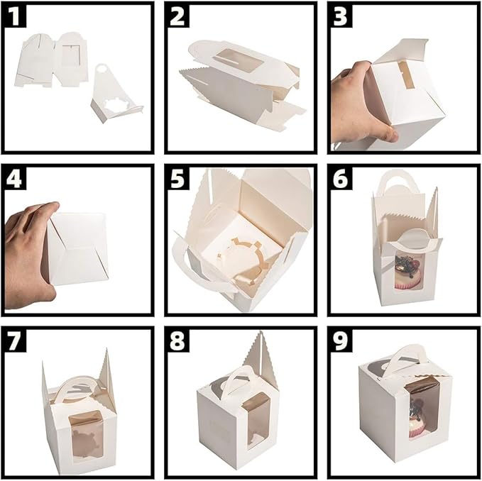 ihomecooker 25 Pcs Single White Cupcakes Containers Gift Boxes with Window Inserts Handle for Wedding Candy Boxes (25P-Handle-White)