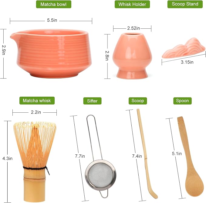 Matcha Whisk Set,7pcs Pink Matcha Set includes Matcha Bowl (19 oz),Bamboo Matcha Whisk and Matcha Scoop,Matcha Whisk Holder,Stainless Steel Sifter,Tea Making Tools,Matcha Kit Gift for Matcha Lovers