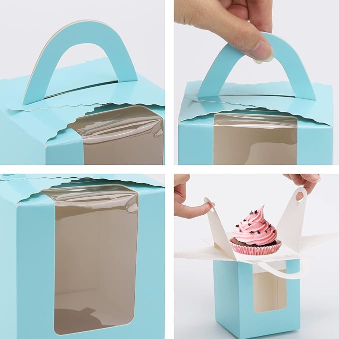 acDesign 100Pcs Cupcake Boxes 3.6in*3.6in*4.3in Single Cupcake Carrier With Window Handle and Inserts for Wedding Birthday Party Gift (Blue)