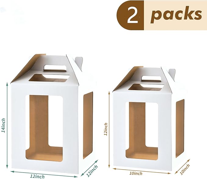 XININSUN Tall Cake Box with 6 Windows, 10x10x12&12x12x14 Large Tiered Cake Boxes,Tall Cake Carrier,large Layer cake box Cake Containers for 10" & 12" Cakes (2Pcs-White)