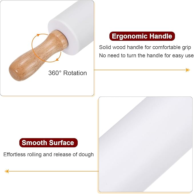 HARFINGTON Silicone Rolling Pins for Baking 12.2 Inch Non-Stick Silicone Surface Wooden Handle Rolling Pin Small Roller Playdough Rolling Pins for Fondant Kitchen Dough Pizza, White