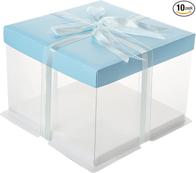 Restaurantware Sweet Vision 8.5 Inch x 6.75 Inch Transparent Cake Boxes, 10 Grease Resistant Base Clear Cake Boxes - Blue Lid, Blue Ribbon, Plastic Birthday Cake Boxes, For Weddings Or Birthdays