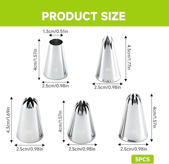 Large Piping Tips Set, Stainless Steel Cake Decorating Tips, 5-Piece Frosting Icing Tips Kit for Cakes, Cupcakes, Cookies (1M 1A 2C E12 D42)