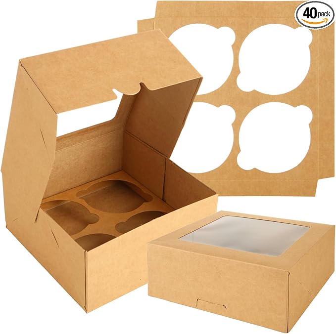 QTLCOHD 40 Pack Cupcake Boxes 4 Count, 6 x 6 x 3 Inch Folded Cupcake Containers, Brown Muffin Boxes with Window Bulk for Cookie, Pastry, Cake, Dessert, Treat Packaging