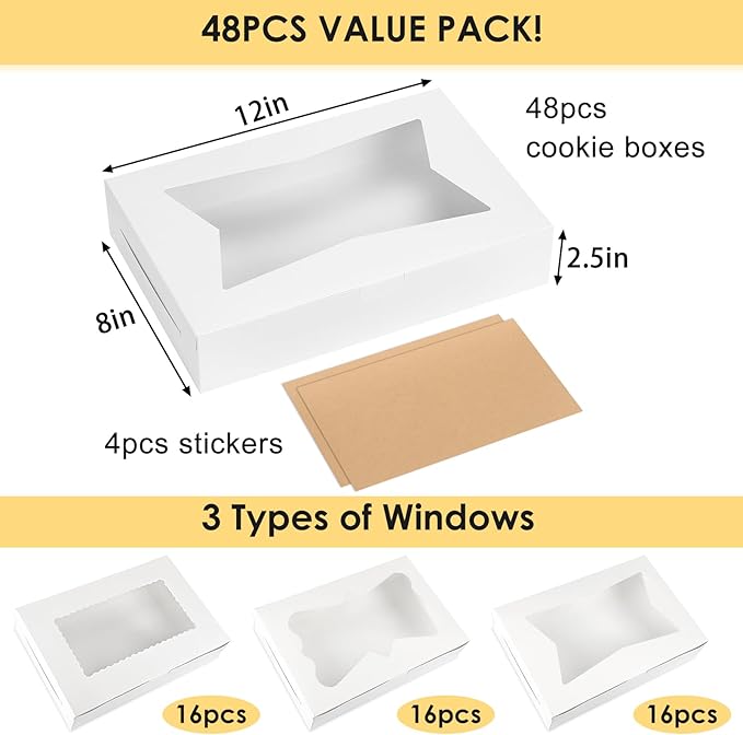 Moretoes 48pcs Bakery Boxes,12x8x2.5 Inches Cookie Boxes with 3 Style Window for Chocolate Covered Strawberries, Desserts, Cookies, with 4pcs Stickers