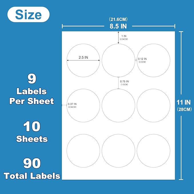 2.5" Round Sticker Labels for Laser/Ink Jet Printers, White Printable Sheets, Circle Sticker Labels, 10 Sheets | 90 Labels (HB-C009)