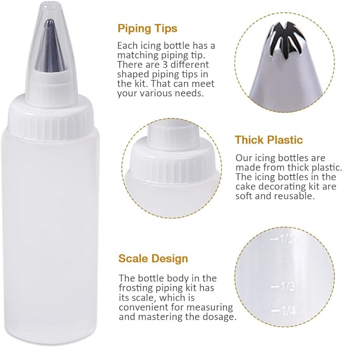 Icing Bottles with Stainless Steel Icing Tips (4 pcs) - Foldable & Unicolored Bottles, Cake Decorating Kit with 3 Piping Tips, White, Yellow