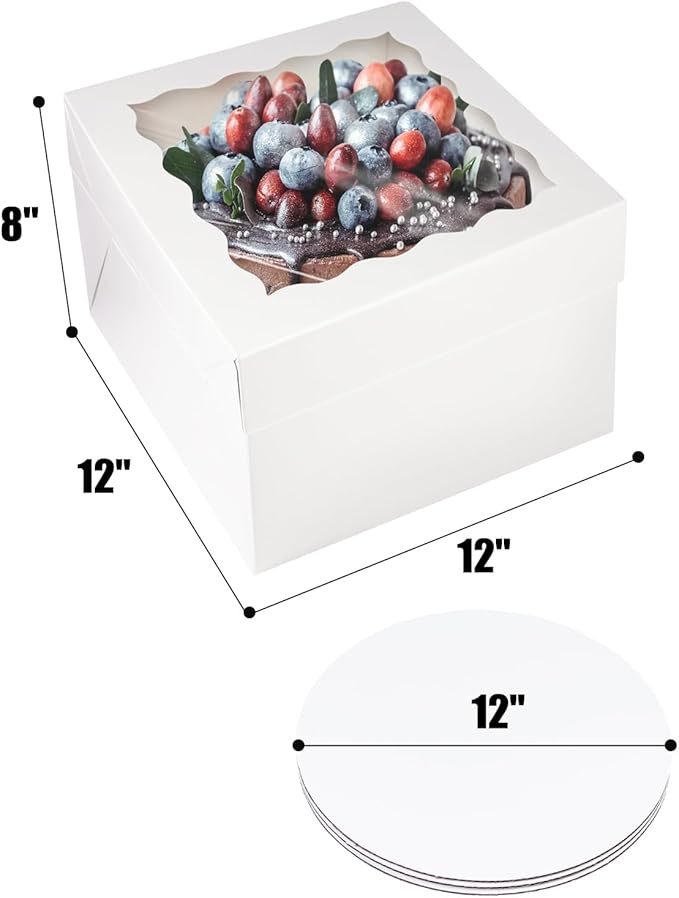 Bakepacker 36pcs 12x12x8 inch Cake Boxes with Window - 18 Packs White Cake Boxes & Boards + 10 Meters Silk Ribbon