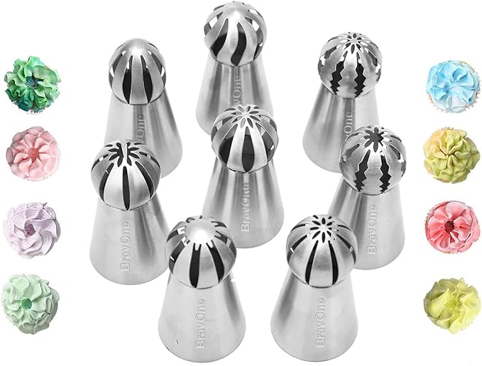 8 PCS Russian Piping Tips Set, BravOne Stainless Steel Russian Piping Ball Tips Flower Frosting Tips Icing Tips Piping Nozzles Cake Decorating Tips Kit