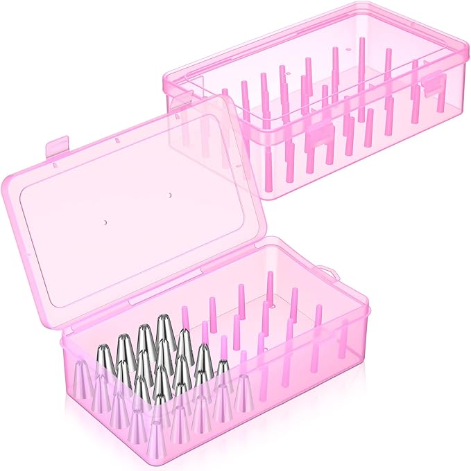 2pcs Piping Tip Box with Fixed Pins 84 Piping Tip Organizer Baking Cake Decoration Tool Storage Box(Pink)