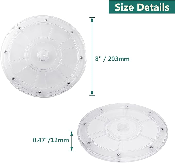 Murtenze 2Pcs 8 Inch Acrylic Turntable Organizer, Rotating Swivel Stand Spinner with Steel Ball Bearings for Kitchen Corner Cabinets Spice Rack Cake Decorating. (200mm,Clear)