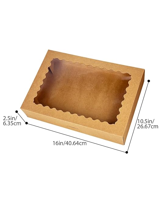 qiqee Auto-pop Up 16x10.5x2.5 Inch Brown Cookie Box with Window 24Pcs Bakery Pastry Macaron Bakery Box for Packaging