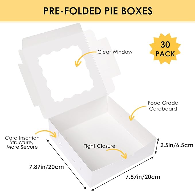 Moretoes 30pcs Bakery Boxes, 8x8x2.5 Cookie Boxes with Window, White Treat Containers for Donuts, Chocolate Strawberries, Pie