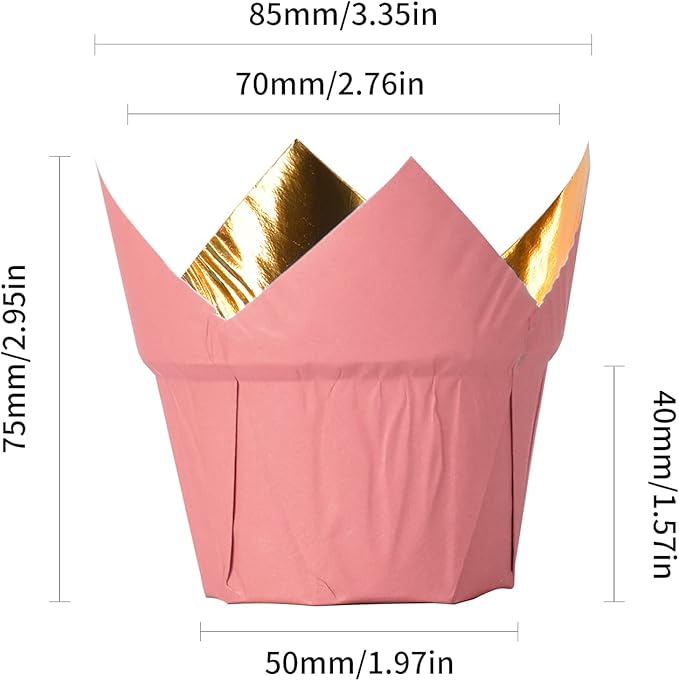 Party Hippo Gold Tulip Cupcake Liners 100 Pcs Baking Paper Cups Holders Greaseproof Muffin Cases Wrappers for Wedding Birthday Party Baby Shower (Pink)