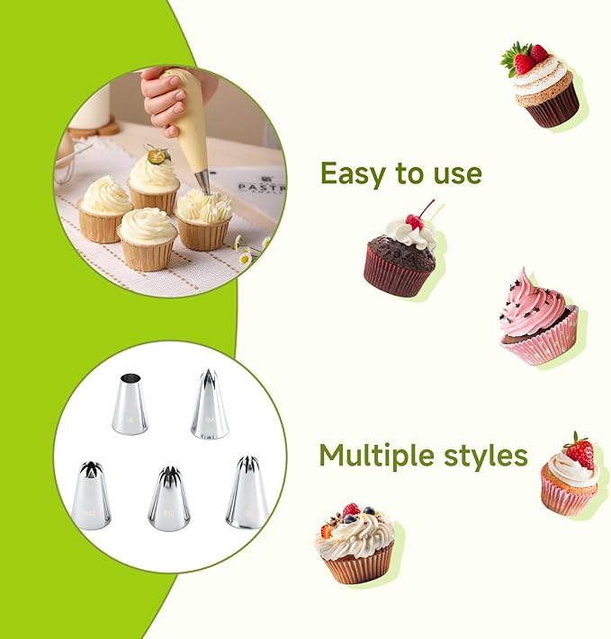 Large Piping Tips Set, Stainless Steel Cake Decorating Tips, 5-Piece Frosting Icing Tips Kit for Cakes, Cupcakes, Cookies (1M 1A 2C E12 D42)