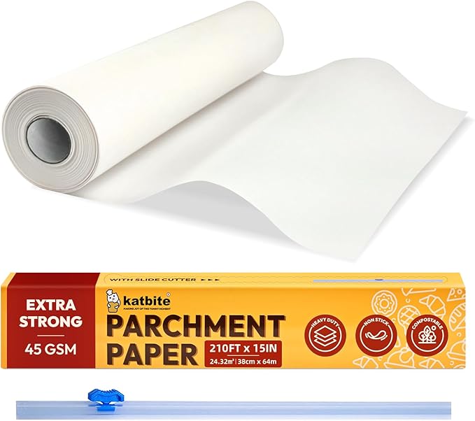 Katbite Heavy Duty Parchment Paper Roll for Baking, 15 in x 210 ft, 260 Sq.Ft Baking Paper with Slide Cutter, Easy to Cut & Non-stick Cooking Paper for Bread, Cookies, Air Fryer, Steaming, Grilling