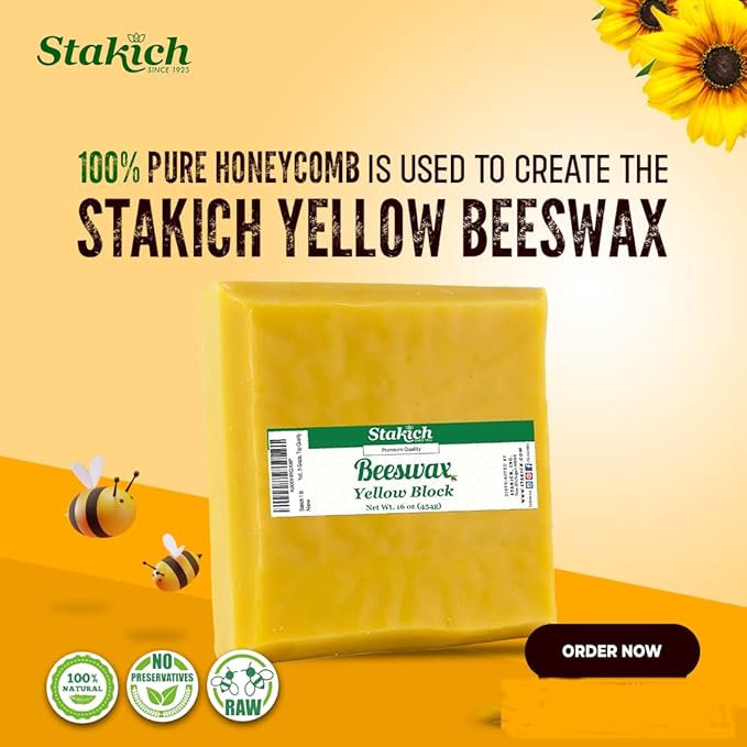 Stakich Yellow Beeswax Block - Natural, Triple Filtered - 1 Pound, Honey Scent