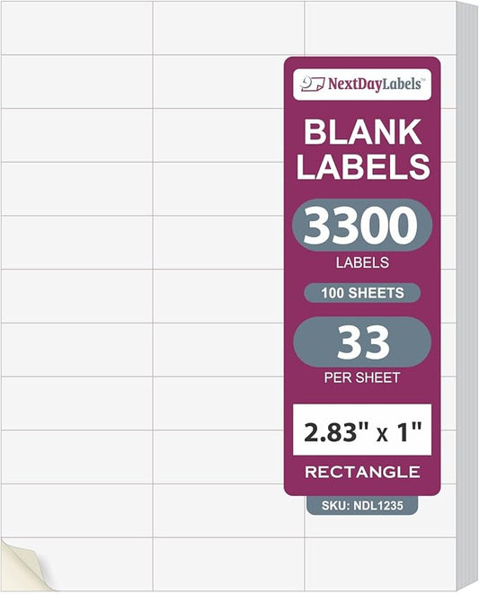 NextDayLabels - 2.83" x 1" Rectangular Sticker Labels for Printer - White Laser/Inkjet Printer Labels Return Address Labels Shipping Label Stickers (100 Sheets, 33 Per Sheet, 3300 Labels)