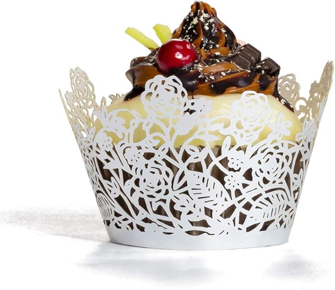 YOZATIA 60pcs Silver Rose Lace Cupcake Wrappers Holders, Laser Cut Cupcake Liners Decorative Liners for Wedding Party Birthday Cake Decoration Supplies