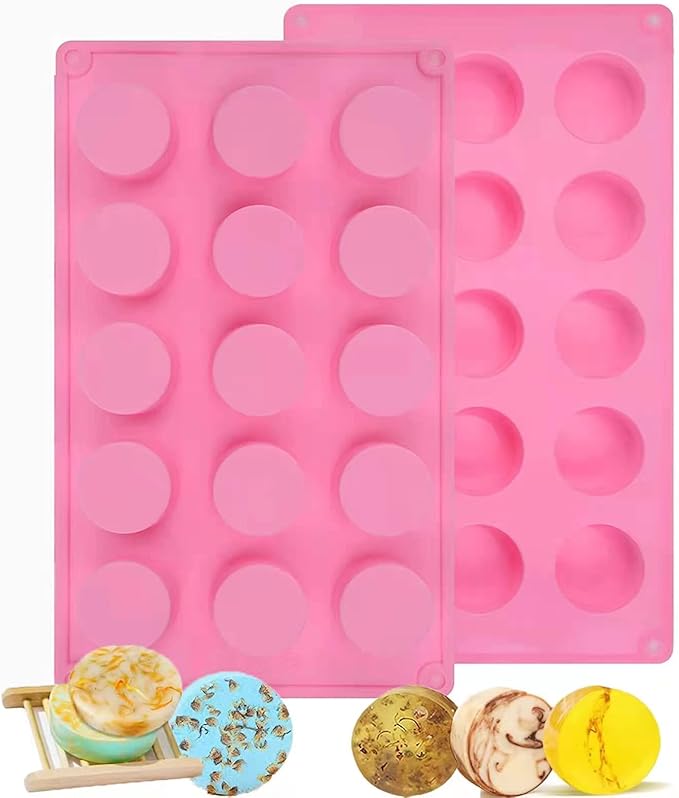 Round Silicone Soap Mold,2 Pcs 15 Cavity Cylinder Shower Steamer Molds for Handmade Soap,Bath Bombs,Shower Tablets, Lotion Bars,Beeswax,Candles (Pink)