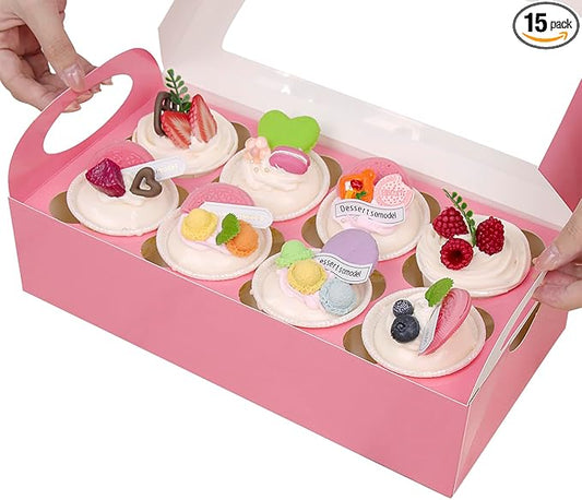 15 Pink Cupcake Boxes 8 Count with Window and Inserts, Cupcake Containers, Mother's Day Cupcake Boxes for Cupcakes, Muffins, Cookies