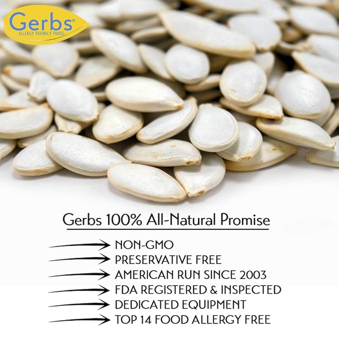Gerbs Raw Whole Pumpkin Seeds 1 lb. | In-Shell, 10.5 mm Size, Resealable Bag | Mildly Nutty & Crunchy | Top 14 Allergen-Free