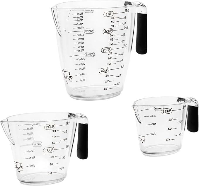 Dalup Measuring Cup Set – Clear Plastic Liquid Measuring Cups (8/16/32 oz) with Spout & Non-Slip Handle | 3-Piece Plastic Measuring Cup Set for Liquids & Dry Ingredients