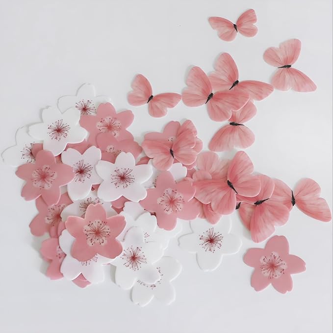 Pink Series Cherry Blossom Butterfly Edible Cake decoration Wedding pink theme Birthday party Wafer paper pink butterfly dessert decoration (Set 5【Mix 104pcs】)