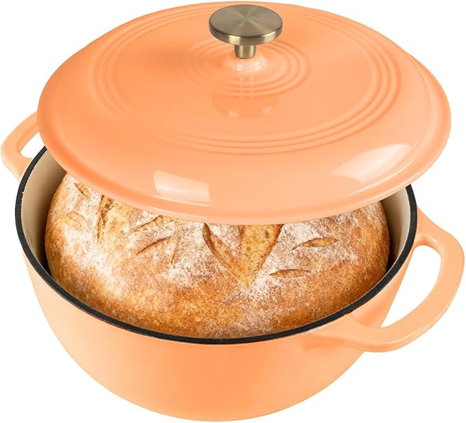 Premium Enameled Cast Iron Dutch Oven for Bread Baking | Non-Stick 5.5QT Oval Bread Oven with Lid | Perfect for Sourdough, Loaf, and Artisan Baking (Round Orange, 5.5 QT)