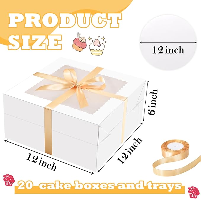 KPOSIYA 40pcs 12x12x6 inches Cake Boxes with Cake Boards（20 Boxes & 20 Boards）, White 12 inch Cake Boxes with Window,Cajas Pasteles Square Cardboard Cake Containers for Christmas Thanksgiving