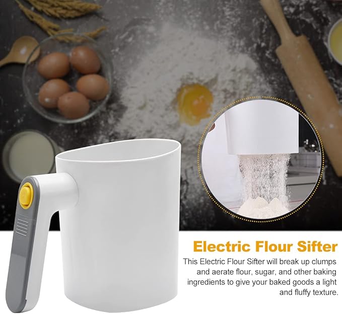 Electric Flour Sifter, Handheld Battery Operated Stainless Steel Mesh Shaker, Cup Shape Powder Shaker Strainer Kitchen Cooking Baking Pastry Tools 4 Cup/1L Capacity(White)