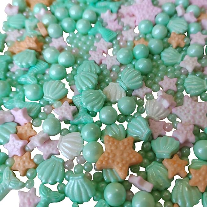Homankit Mermaid Sprinkle Sweets Sprinkles for Baking Dessert Cupcake Cake Topper Starfish Shell Pearl Mermaid Candy Mix 3.53 Ounces Green