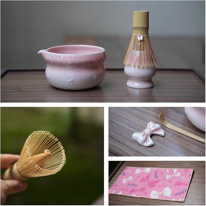 7pcs soft pink matcha whisk set with cute bow and heart motif - complete kit includes bamboo whisk, bowl, stand, scoop, sifter, tea towel -ideal gift for women and Japanese tea ceremony