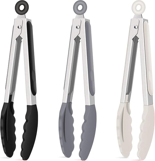 Hotec Silicone Kitchen Tongs for Cooking 9-Inch Serving Tongs with Silicone Tips, Set of 3 (Black Grey Khaki)