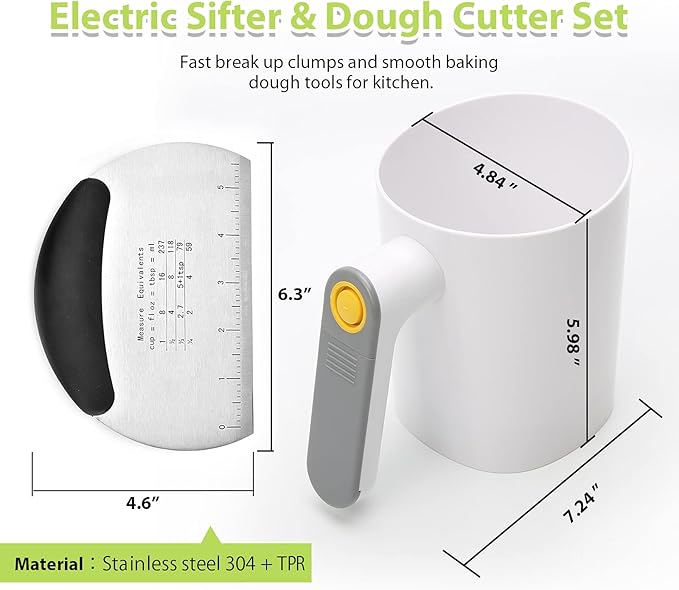 Battery Operated Flour Sifter Electric Hand-held Flour Sieve with Dough Scraper Kitchen Baking Tool Powder Filter Food-grade Plastic Body and SS430 Filter Mesh, 4 Cup/1L Capacity, White