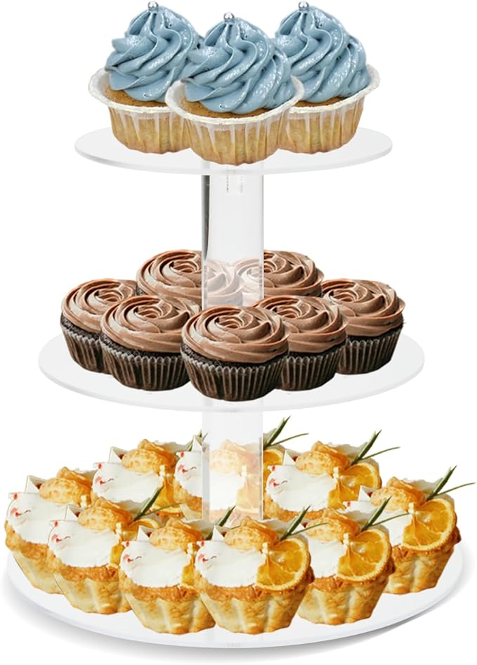 3 Tier Cake Stand, Acrylic Round Cupcake Stand Clear Cupcake Tower Holder Display Stand for Party, Birthday, Wedding, Dessert, Baby Shower Decor