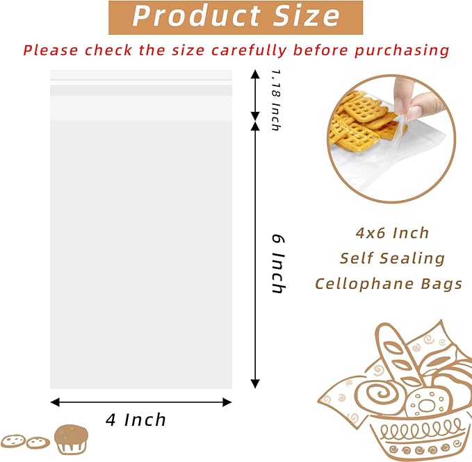4x6 Inch Cookie Bags, 120 Pcs Clear Self Sealing Cellophane Treat Bags for Candy, Jewelry, Gift Wrapping, Party Favors, Crafts, Cookie Wrappers Self Adhesive