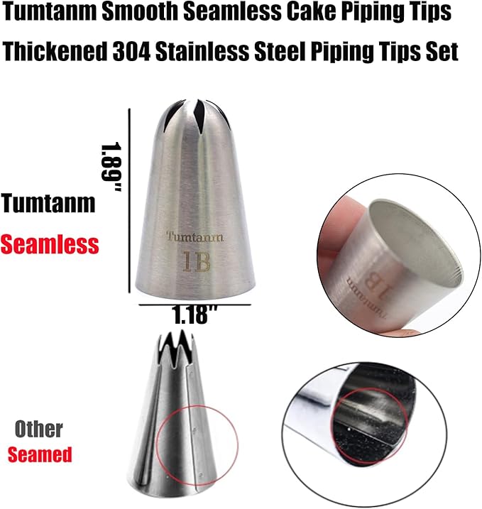 5 Pack Extra Large Piping Nozzles, 1B 1C 1E 1M 2D# Seamless Stainless Steel Piping Icing Tips for Cupcakes