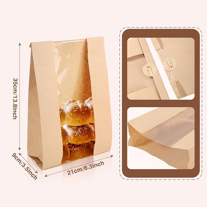 50 Pieces Brown Bakery Bags with Window Paper Bread Loaf Bags Kraft Food Packaging Storage Bakery Bags with Free Stickers