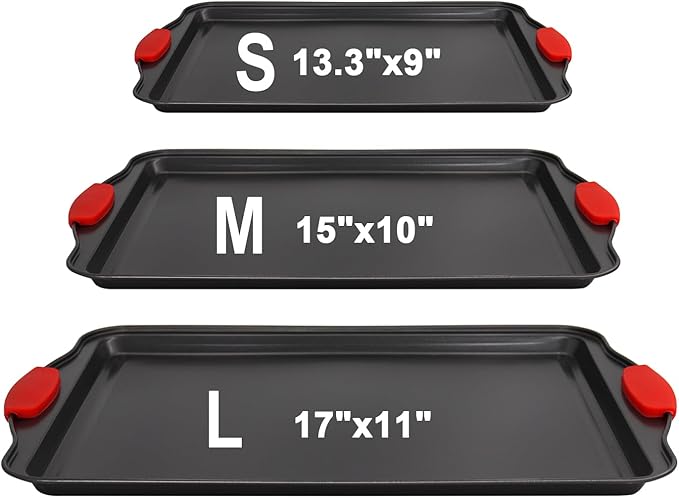 Non-Stick Baking Sheets Set of 3, Deluxe Black Non-Stick Carbon Steel, Commercial Grade Restaurant Quality Metal Bakeware with Red Silicone Handles(Black)