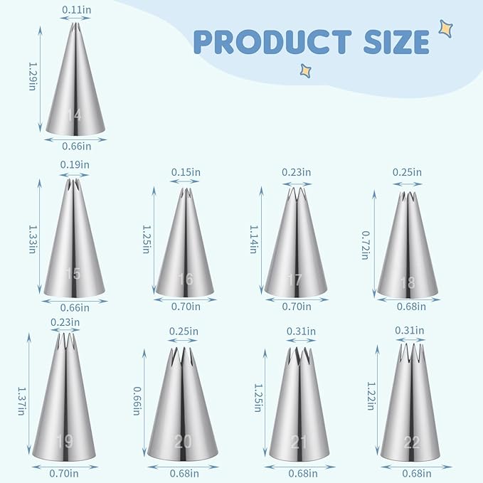 9Pcs Stainless Steel Piping Tips Set, French Star Tube Frosting Nozzle, Open Icing Tips, Cake Decorating tips for Cupcakes, Cookies, Cakes (Small Size)