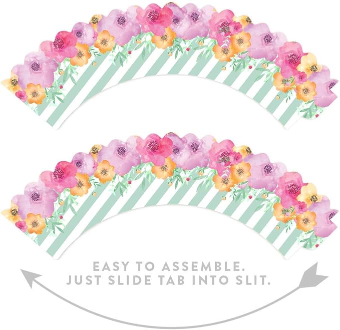 Andaz Press Party Cupcake Wrapper Decorations, Pink Floral Flowers on Mint Green Stripes, 24-Pack, For Girls 1st Birthday Baby Bridal Shower Tea Party Themed Decorations