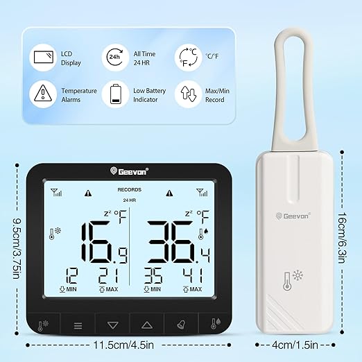 Geevon Digital Refrigerator Thermometer with Alarm, Low Battery Warning Icon, Max/Min Temperature LCD Display, Suitable for Domestic or Commercial Use Freezer Thermometer with Alarm