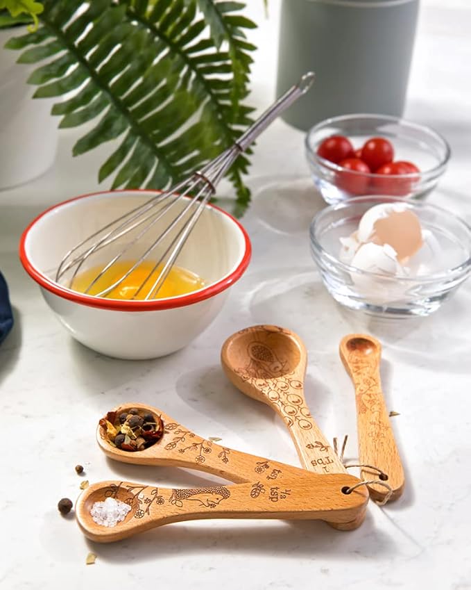 Talisman Designs Laser Etched Beechwood | Set of 4 | Woodland Design | Natural, Wooden Measuring Spoons Set| Cute & Functional Kitchen Tools
