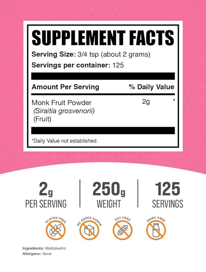 BulkSupplements.com Monk Fruit Powder - Monk Fruit Sweetener, Sugar Substitute for Baking - Pure & Gluten Free, 2g per Serving, 250g (8.8 oz) (Pack of 1)