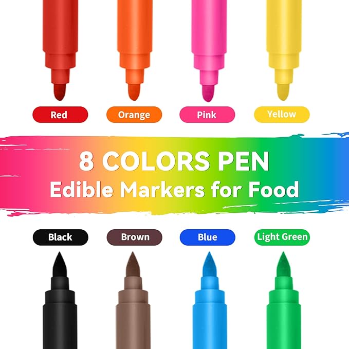 Jewem (Upgrade) Edible Markers for Cookie Decorating, 8Pcs Food Coloring Pens, Double Side Food Grade Pens with Fine & Thick Tip for Decorating Fondant, Cakes, Cookies, Easter Eggs, Frosting, Macaron, Halloween, Christmas