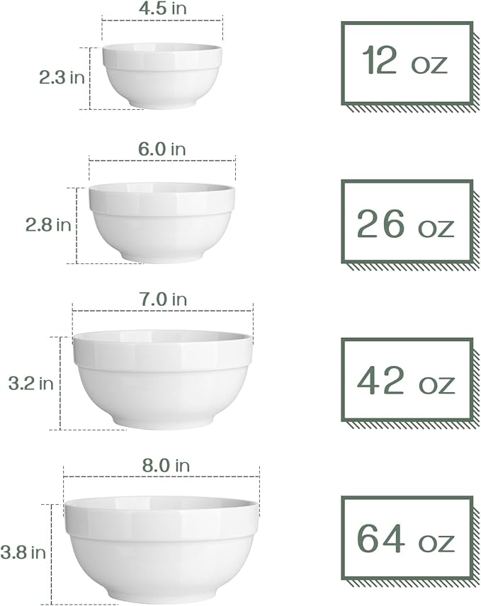DOWAN Serving Bowls, 64/42/22/12 Oz Serving Dishes for Entertaining, Soft White Porcelain Nesting Bowls Set, Microwave & Dishwasher Safe, Versatile Prep Bowls for Fruit Salad Pasta Dessert Cereal